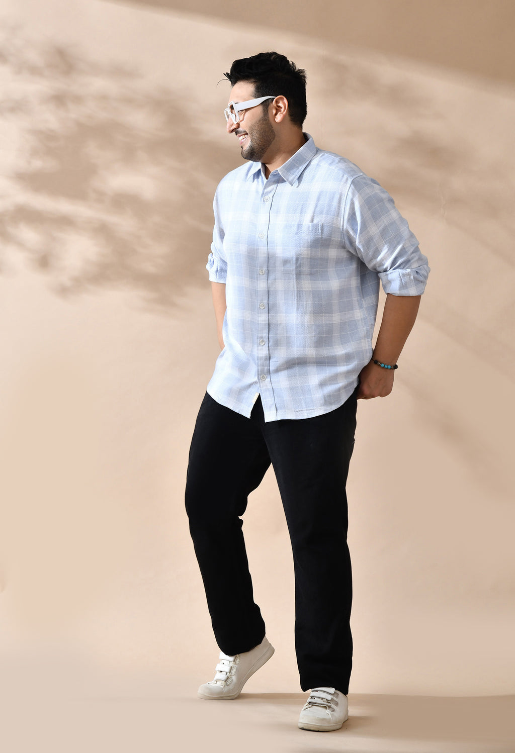 Men Cotton Light Blue and White Pestel Shade Checkered Classic Fit Pocket Smart Casual Shirt Style- 1212-Blue