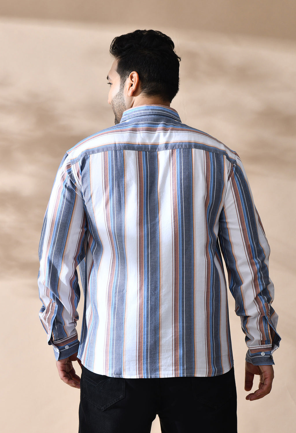 Men Cotton Mustered Navy and White Stripes Classic Fit Pocket Smart Casual Shirt