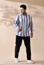 Men Cotton Mustered Navy and White Stripes Classic Fit Pocket Smart Casual Shirt