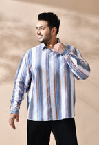 Men Cotton Mustered Navy and White Stripes Classic Fit Pocket Smart Casual Shirt