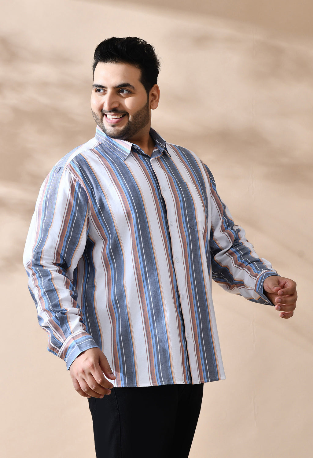 Men Cotton Mustered Navy and White Stripes Classic Fit Pocket Smart Casual Shirt