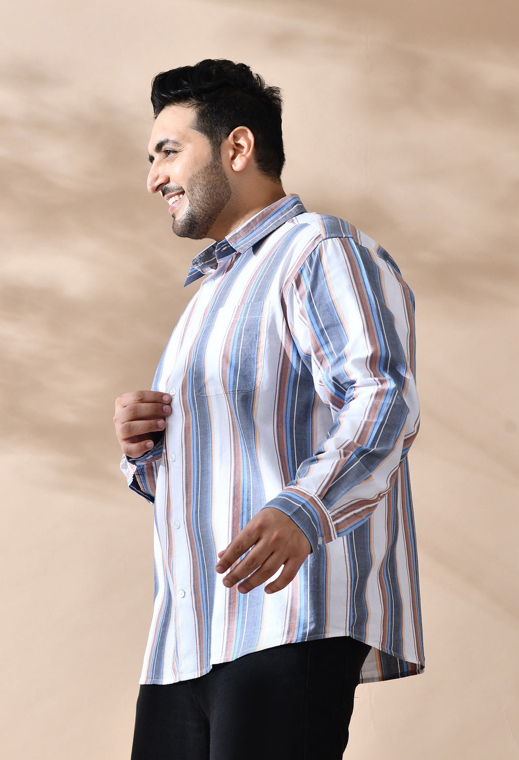 Men Cotton Mustered Navy and White Stripes Classic Fit Pocket Smart Casual Shirt