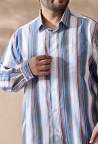 Men Cotton Mustered Navy and White Stripes Classic Fit Pocket Smart Casual Shirt