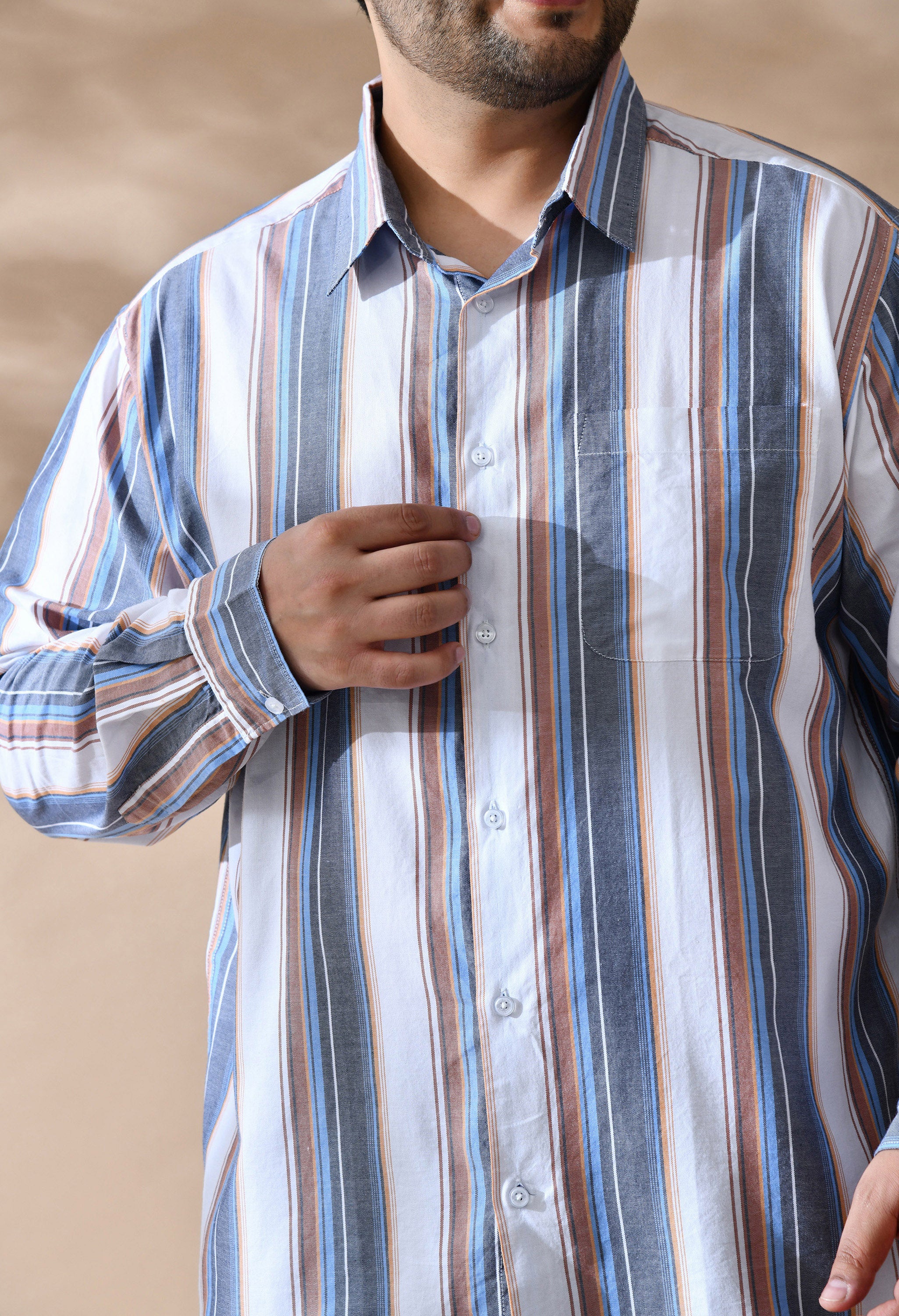 Men Cotton Mustered Navy and White Stripes Classic Fit Pocket Smart Casual Shirt