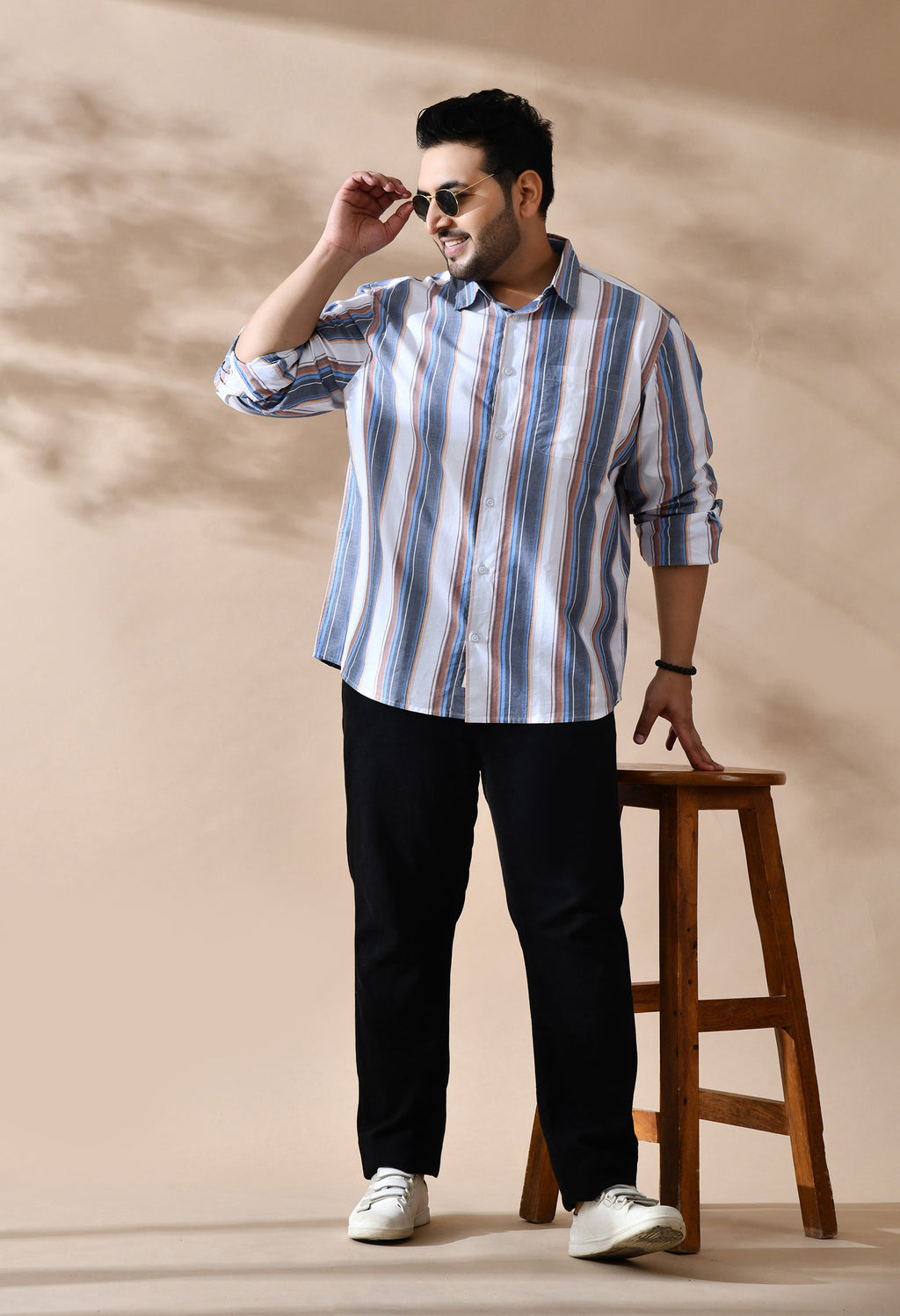 Men Cotton Mustered Navy and White Stripes Classic Fit Pocket Smart Casual Shirt