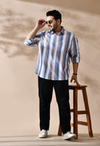 Men Cotton Mustered Navy and White Stripes Classic Fit Pocket Smart Casual Shirt