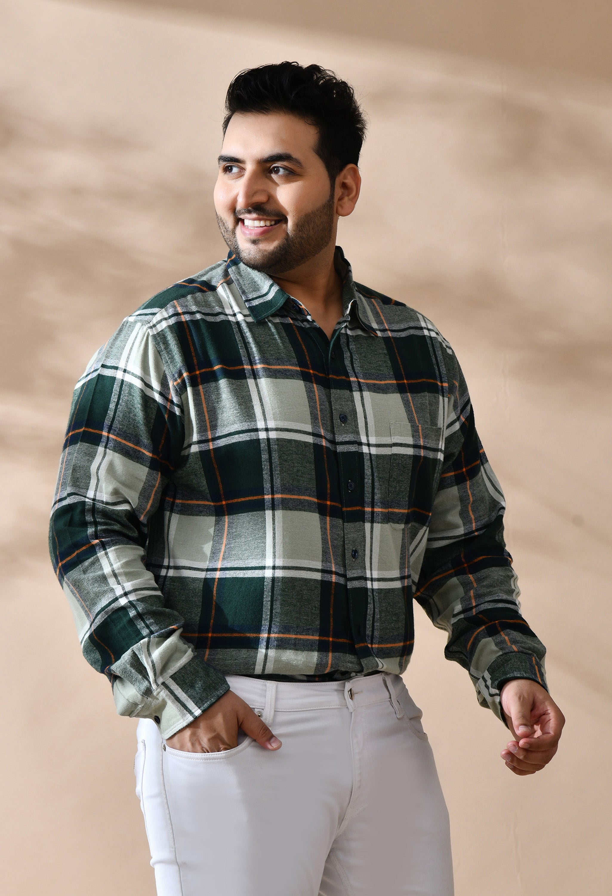 Men Brushed Flannel Olive, Yellow and White Checkered Classic Fit Pocket Smart Casual Shirt Style- 1211