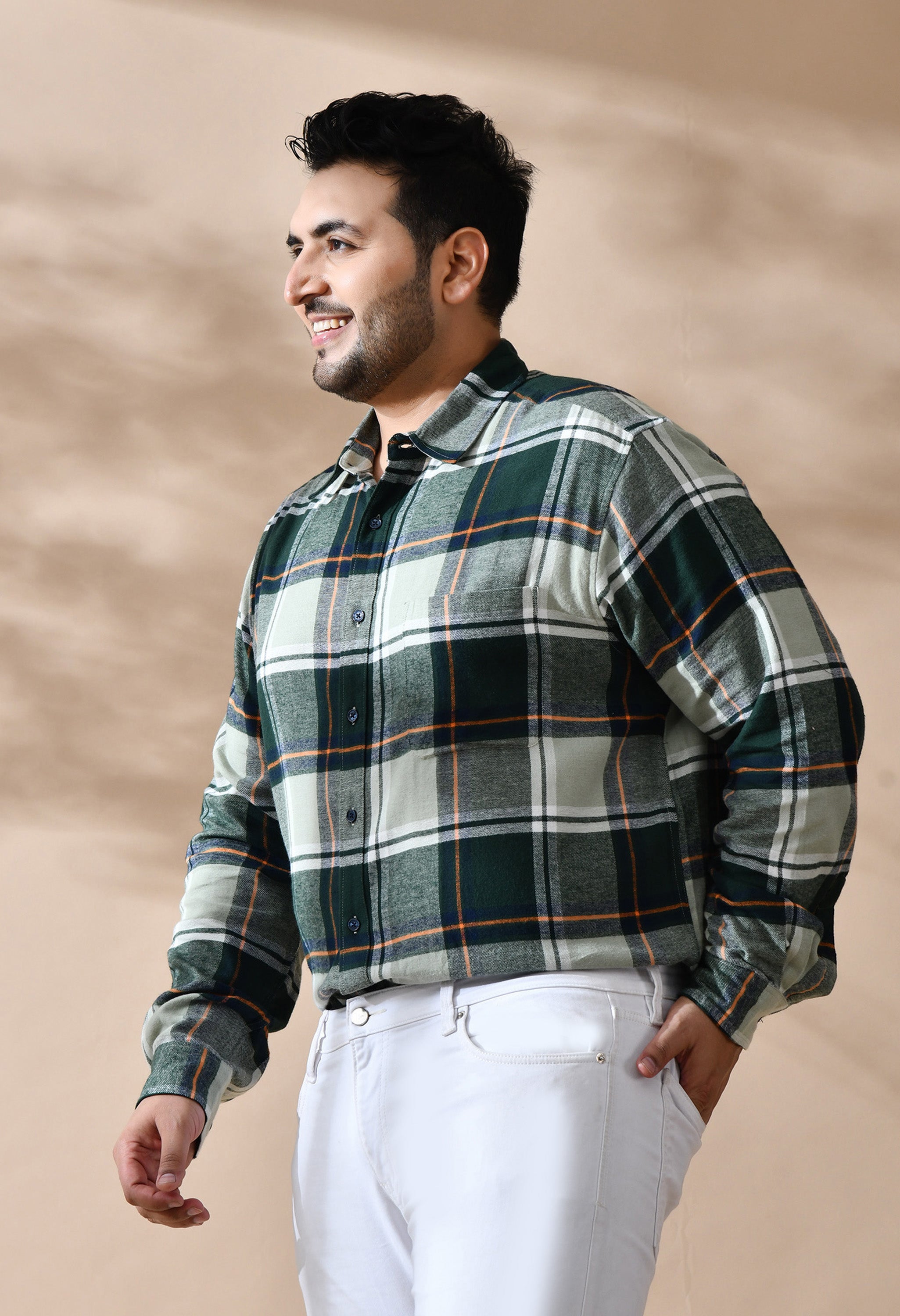 Men Brushed Flannel Olive, Yellow and White Checkered Classic Fit Pocket Smart Casual Shirt Style- 1211