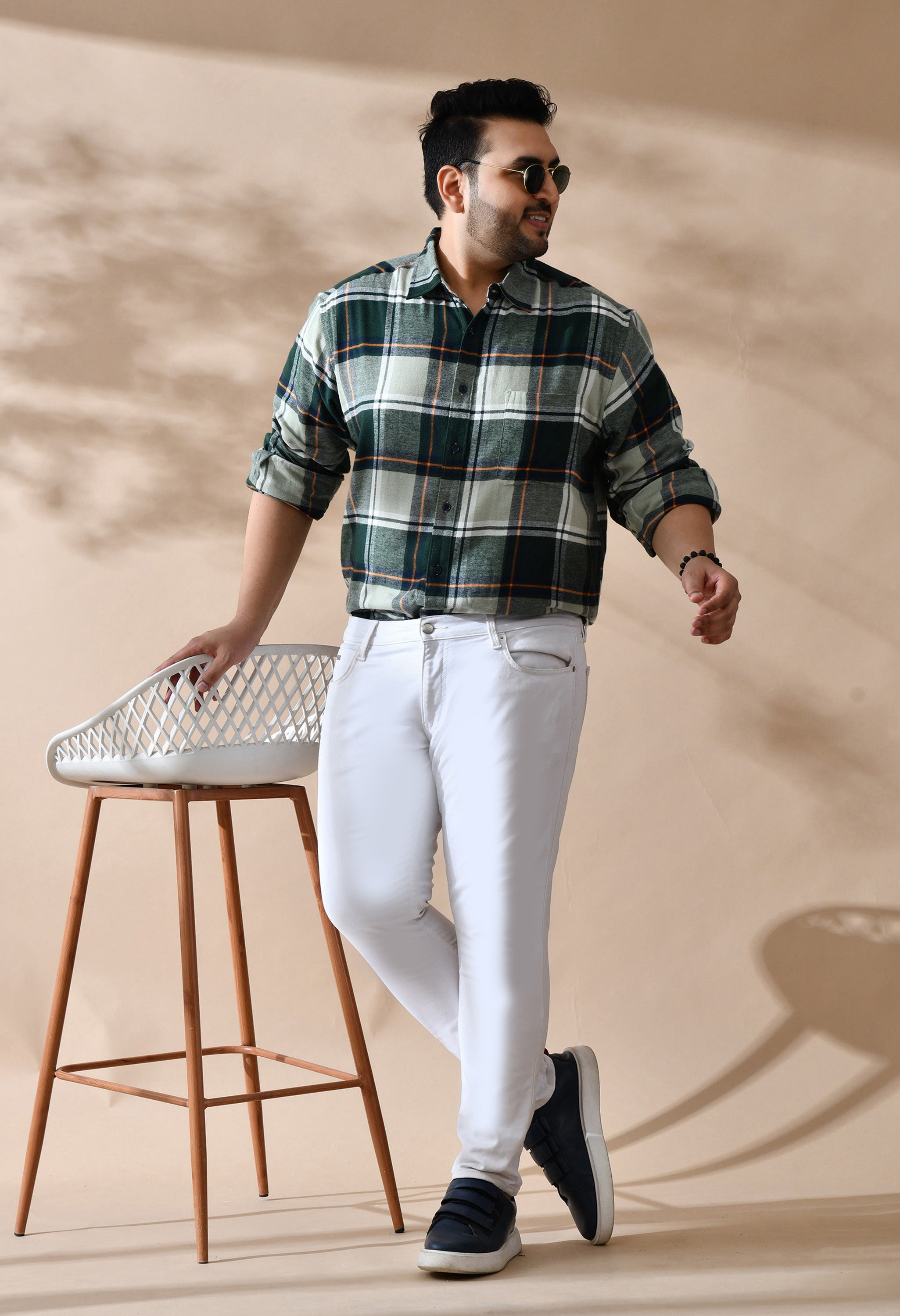 Men Brushed Flannel Olive, Yellow and White Checkered Classic Fit Pocket Smart Casual Shirt Style- 1211