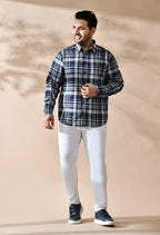 Men Cotton Navy and White Pestal Shade Checkered Classic Fit Pocket Smart Casual Shirt