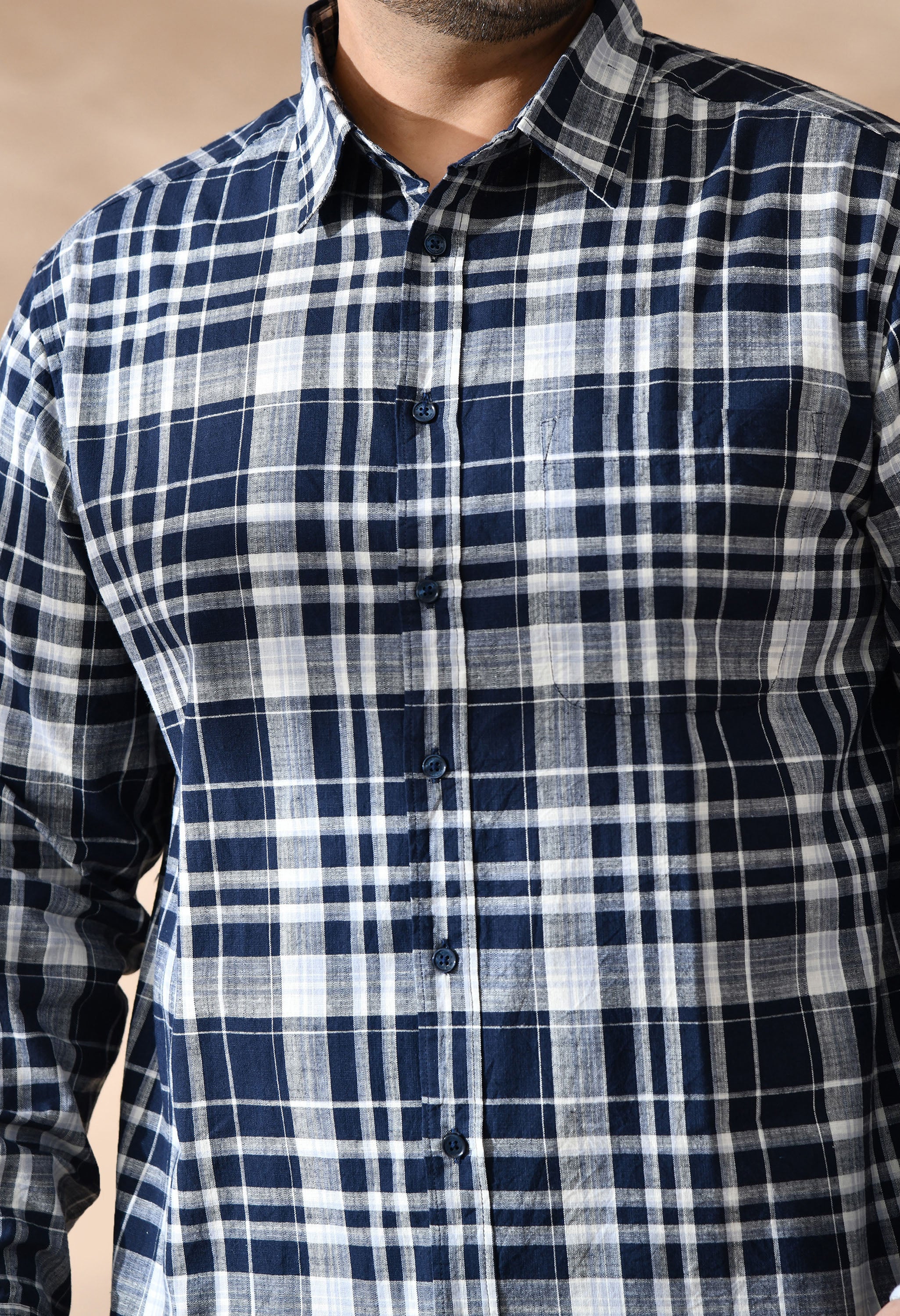 Men Cotton Navy and White Pestal Shade Checkered Classic Fit Pocket Smart Casual Shirt