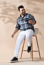 Men Cotton Navy and White Pestal Shade Checkered Classic Fit Pocket Smart Casual Shirt