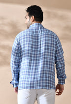 Men Cotton Sky Blue and Grey Checkered Classic Fit Pocket Smart Casual Shirt