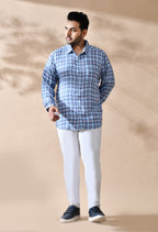 Men Cotton Sky Blue and Grey Checkered Classic Fit Pocket Smart Casual Shirt