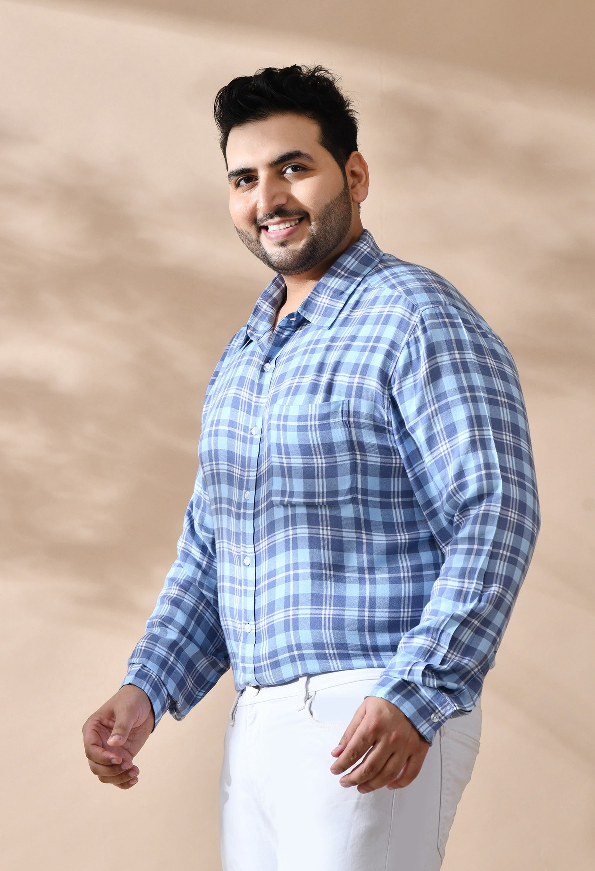 Men Cotton Sky Blue and Grey Checkered Classic Fit Pocket Smart Casual Shirt