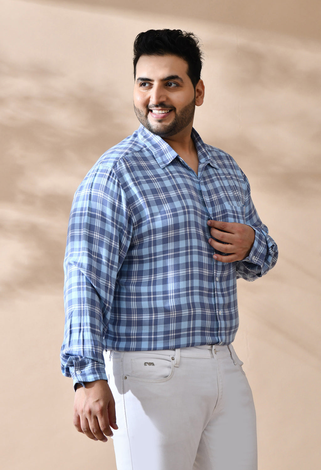 Men Cotton Sky Blue and Grey Checkered Classic Fit Pocket Smart Casual Shirt