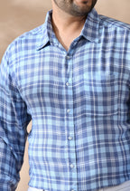 Men Cotton Sky Blue and Grey Checkered Classic Fit Pocket Smart Casual Shirt
