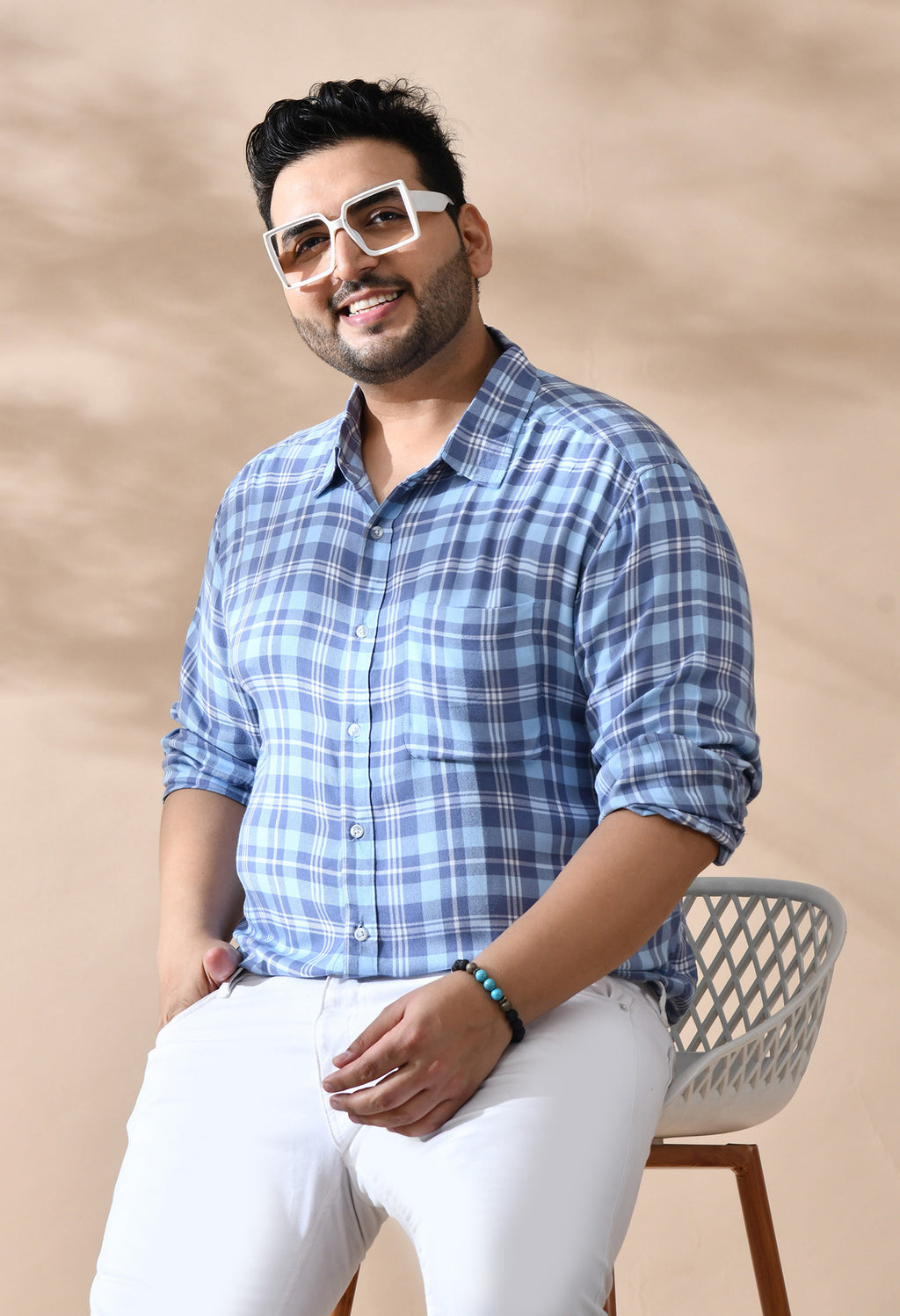 Men Cotton Sky Blue and Grey Checkered Classic Fit Pocket Smart Casual Shirt