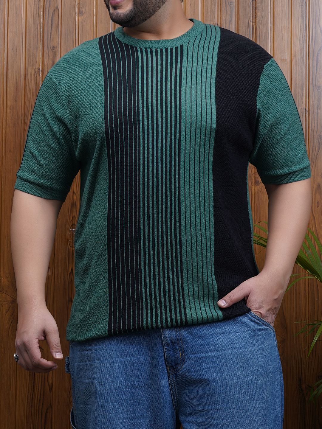 Flat Knit Half sleeve Crew Neck Ribbed T Shirt - NC-Plus-126-Green Navy