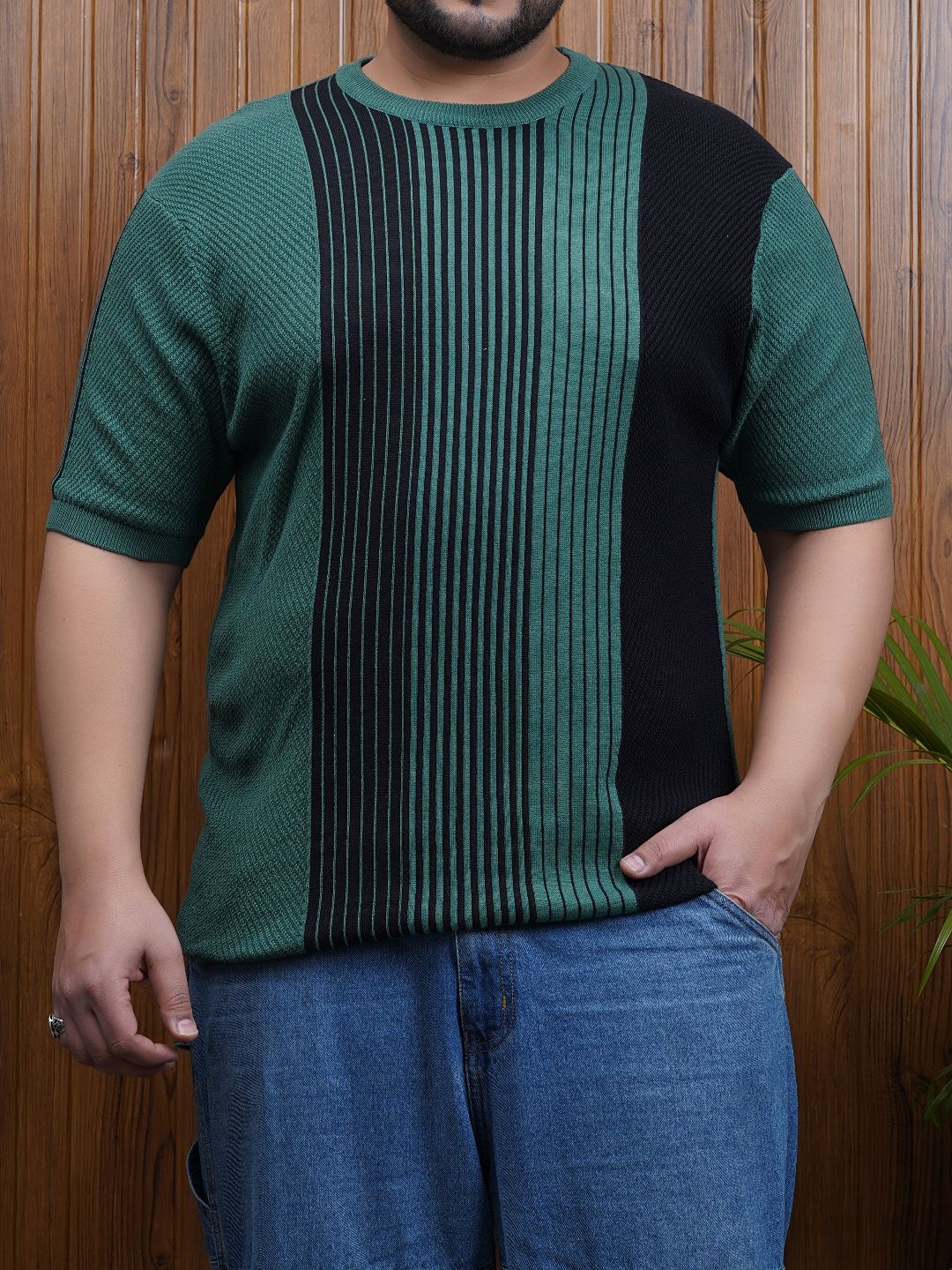 Flat Knit Half sleeve Crew Neck Ribbed T Shirt - NC-Plus-126-Green Navy