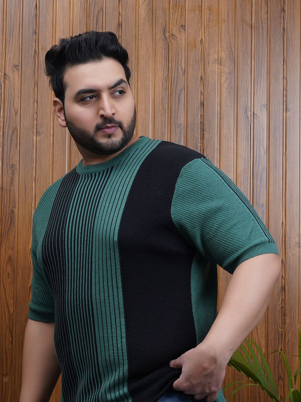 Flat Knit Half sleeve Crew Neck Ribbed T Shirt - NC-Plus-126-Green Navy