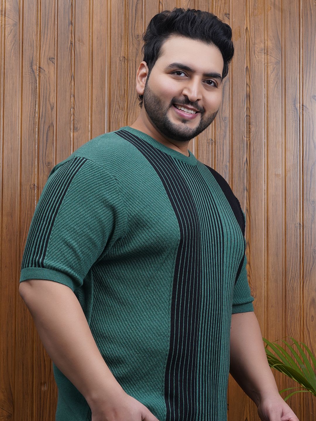 Flat Knit Half sleeve Crew Neck Ribbed T Shirt - NC-Plus-126-Green Navy