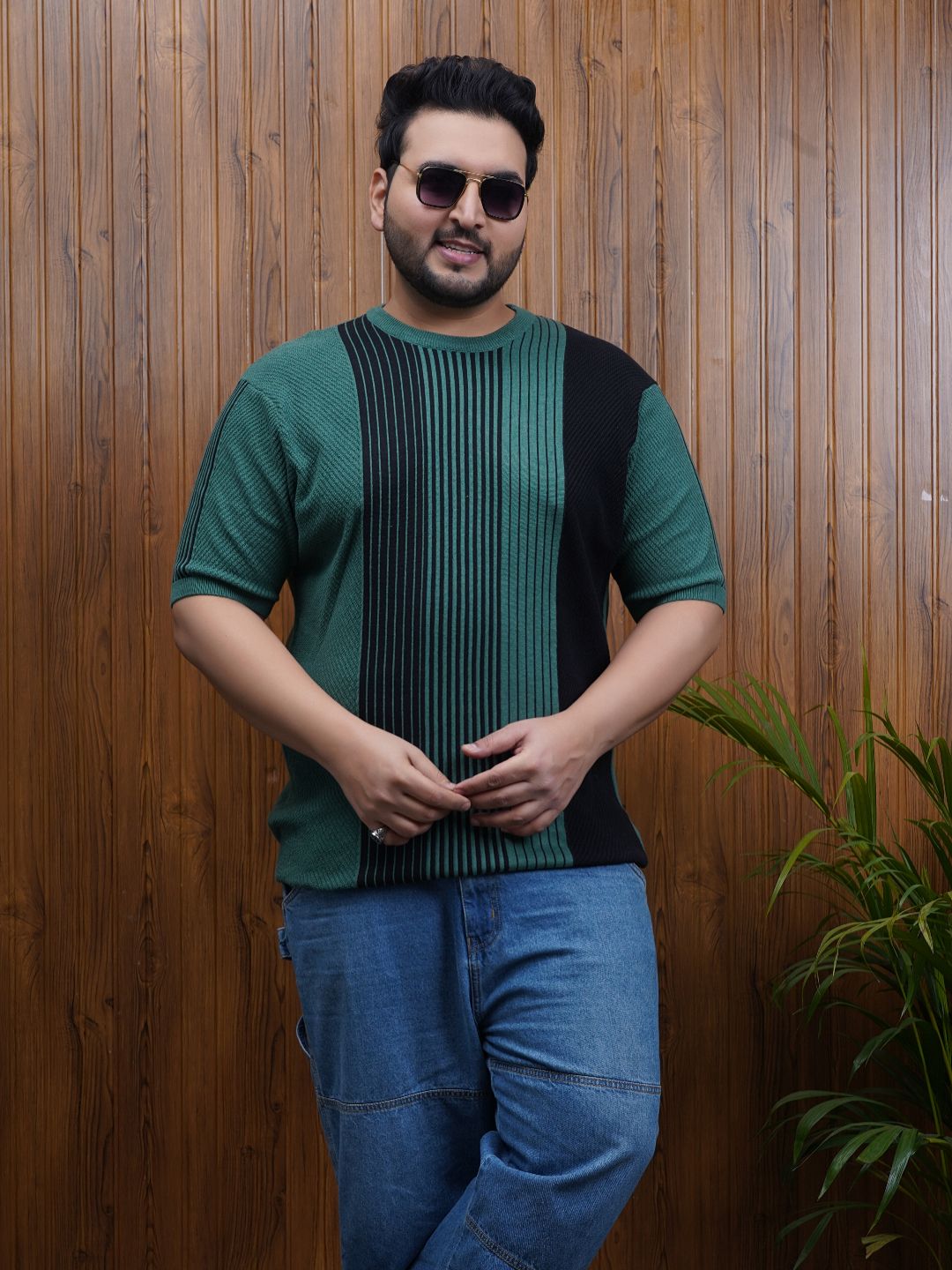 Flat Knit Half sleeve Crew Neck Ribbed T Shirt - NC-Plus-126-Green Navy