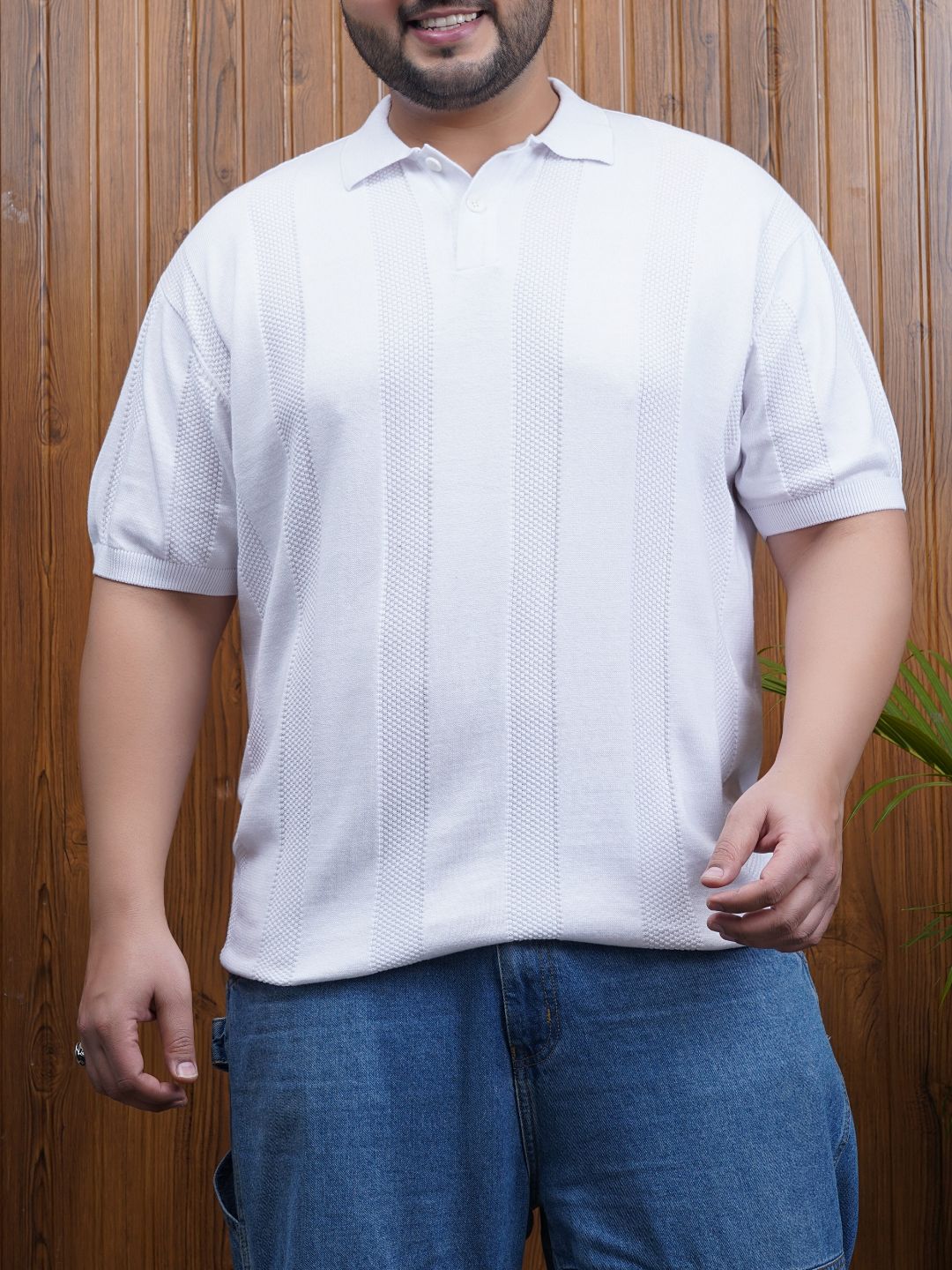 Flat Knit Half sleeve Polo Ribbed T Shirt - 125-White