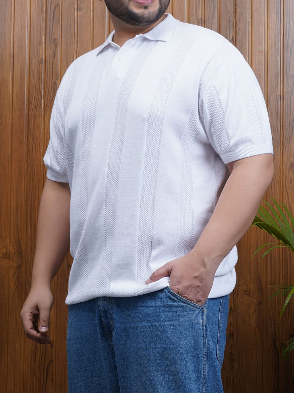 Flat Knit Half sleeve Polo Ribbed T Shirt - 125-White