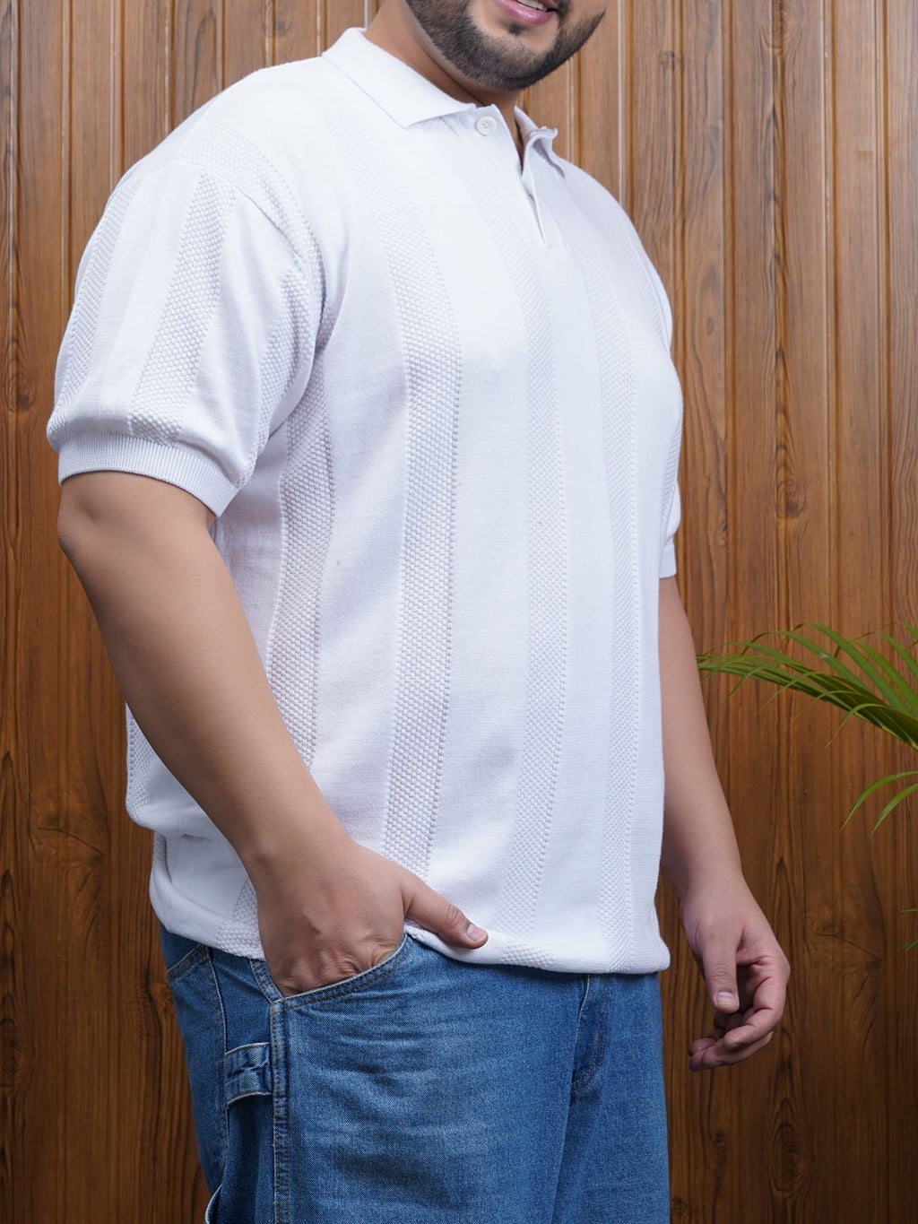 Flat Knit Half sleeve Polo Ribbed T Shirt - 125-White