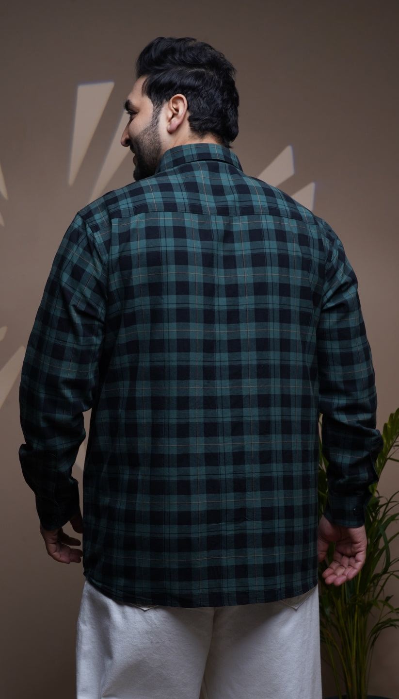 Plus Size Cotton Check 1 Pocket Regular Fit Smart Casual Shirt - Green
