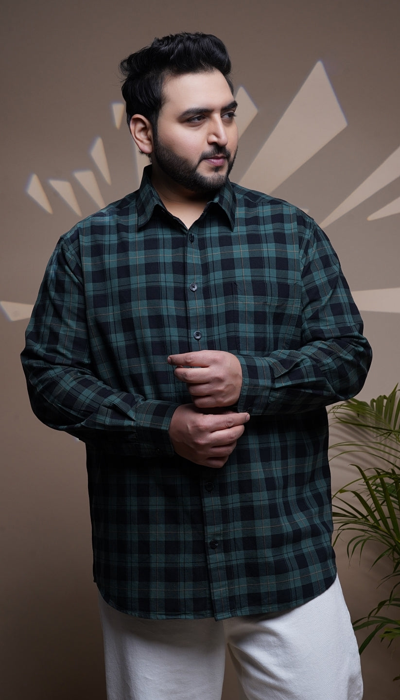 Plus Size Cotton Check 1 Pocket Regular Fit Smart Casual Shirt - Green
