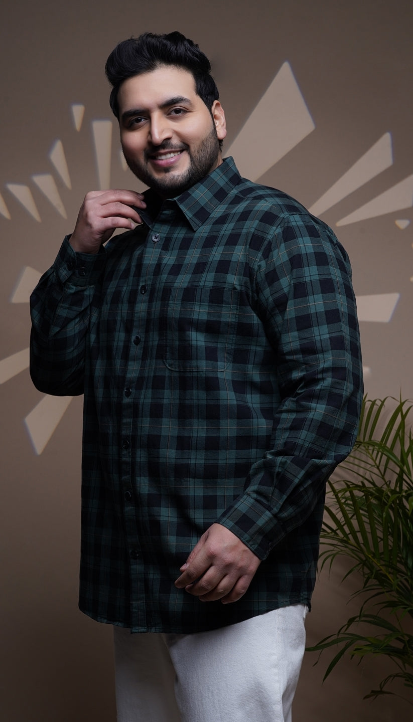 Plus Size Cotton Check 1 Pocket Regular Fit Smart Casual Shirt - Green