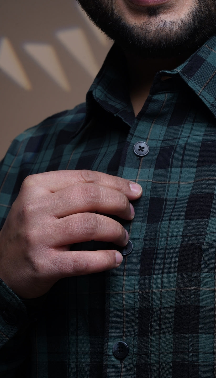 Plus Size Cotton Check 1 Pocket Regular Fit Smart Casual Shirt - Green