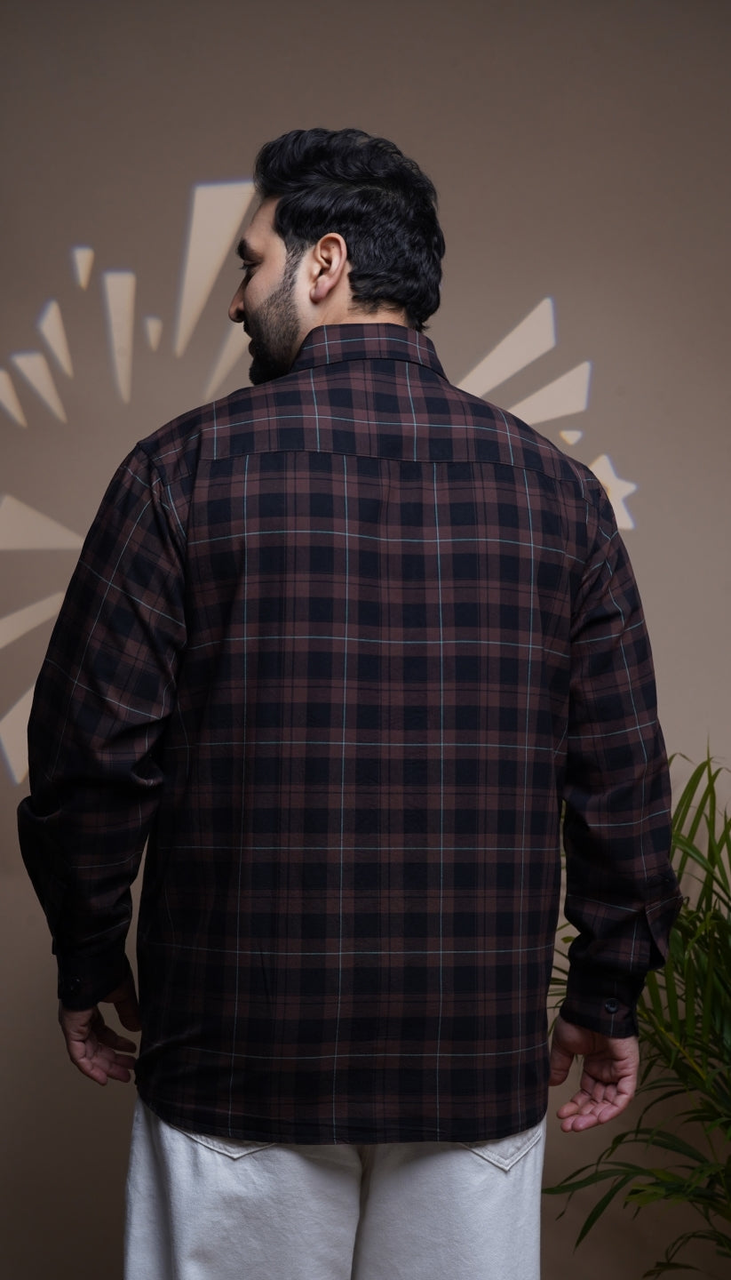 Plus Size Cotton Check 1 Pocket Regular Fit Smart Casual Shirt - Brown
