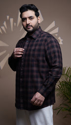 Plus Size Cotton Check 1 Pocket Regular Fit Smart Casual Shirt - Brown