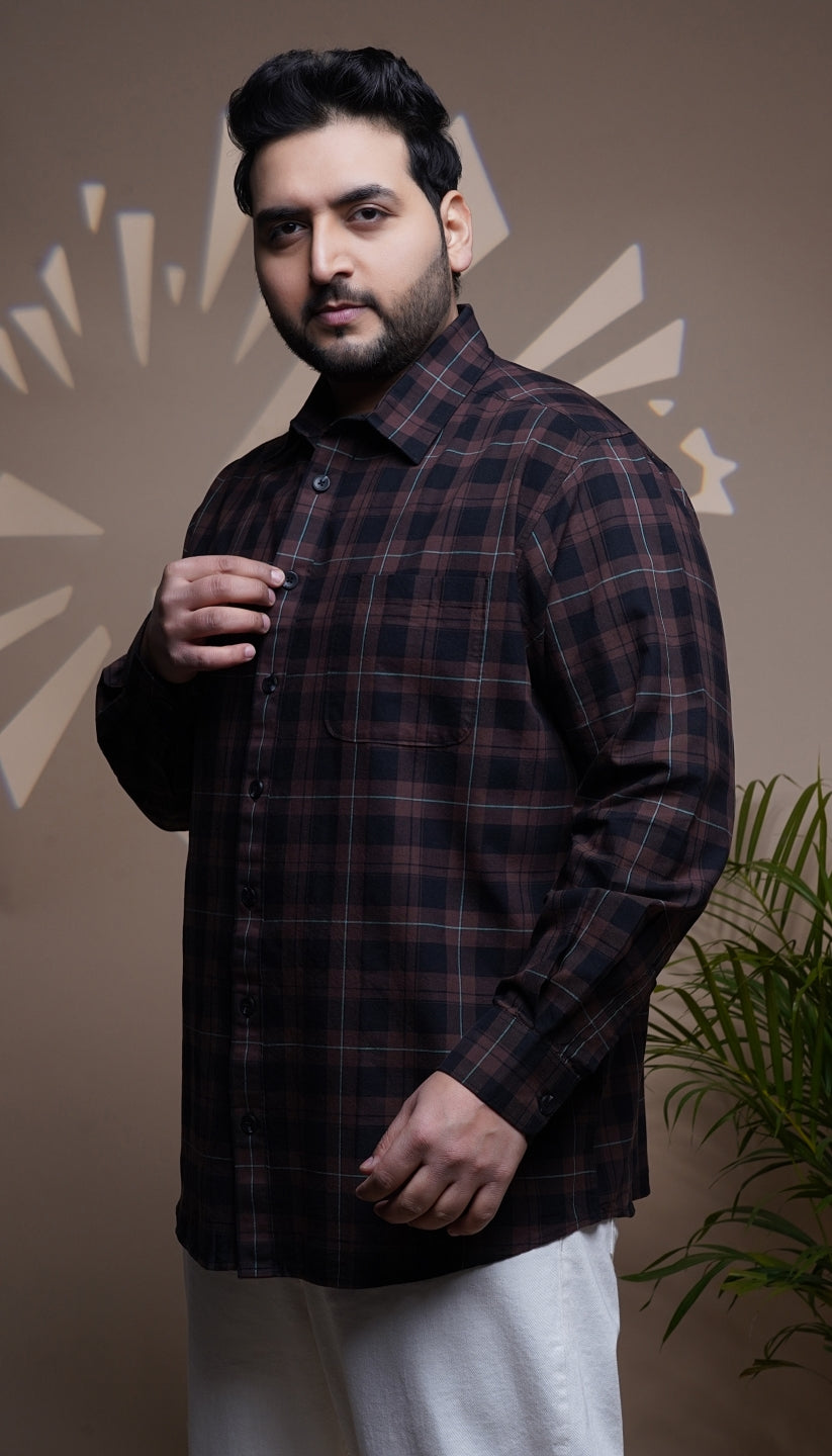 Plus Size Cotton Check 1 Pocket Regular Fit Smart Casual Shirt - Brown