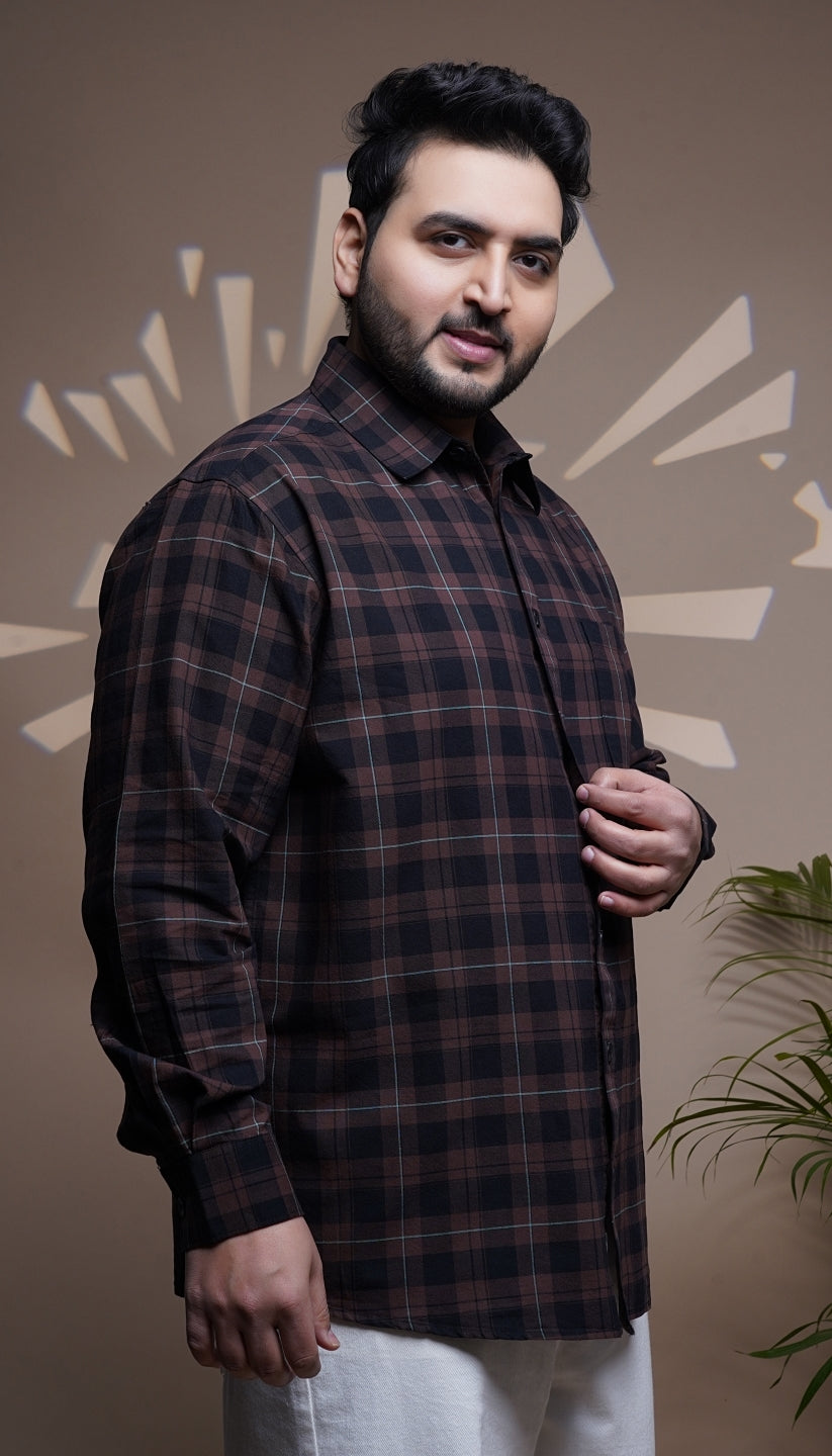 Plus Size Cotton Check 1 Pocket Regular Fit Smart Casual Shirt - Brown