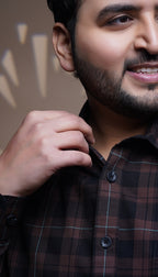 Plus Size Cotton Check 1 Pocket Regular Fit Smart Casual Shirt - Brown