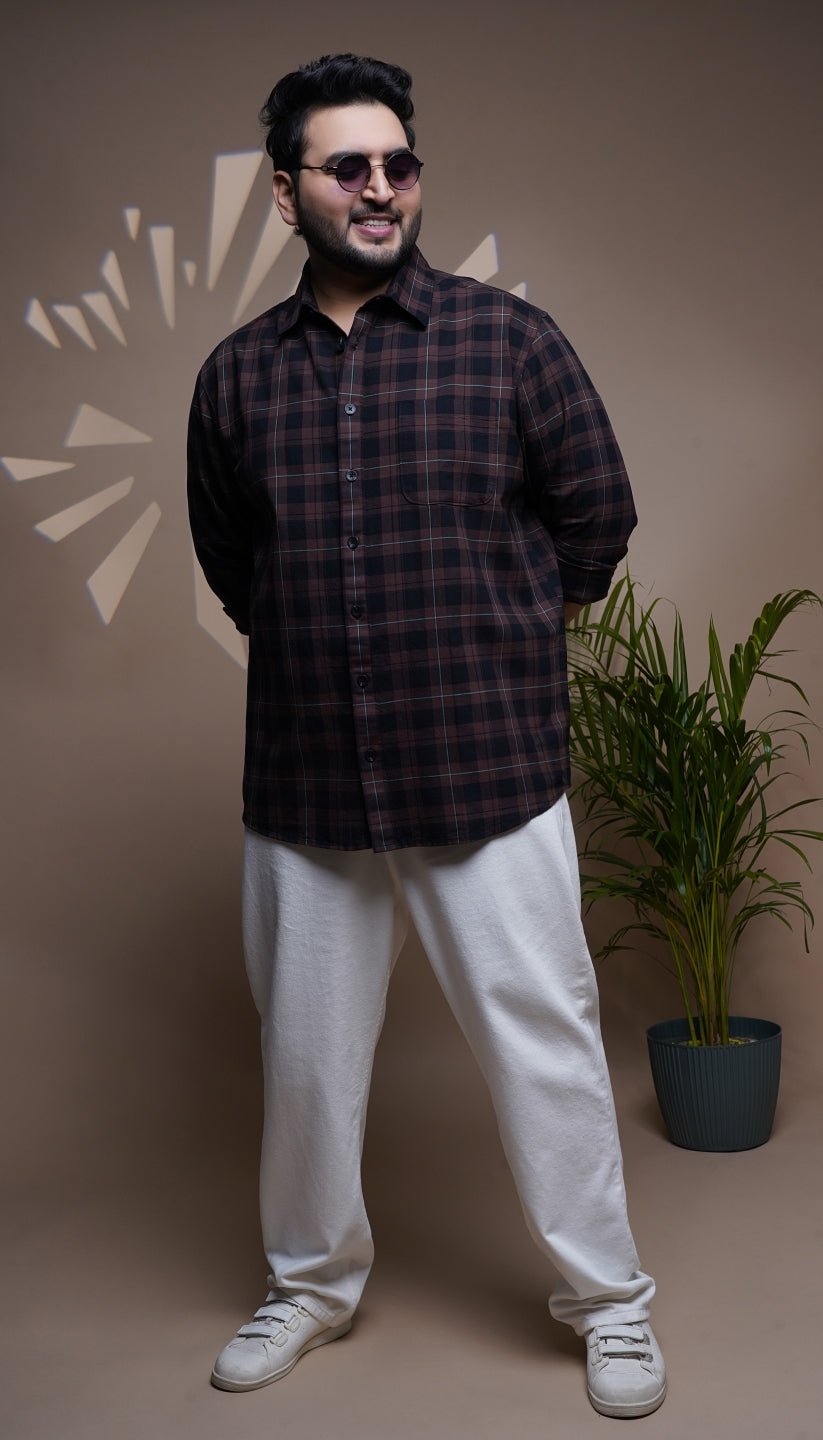 Plus Size Cotton Check 1 Pocket Regular Fit Smart Casual Shirt - Brown