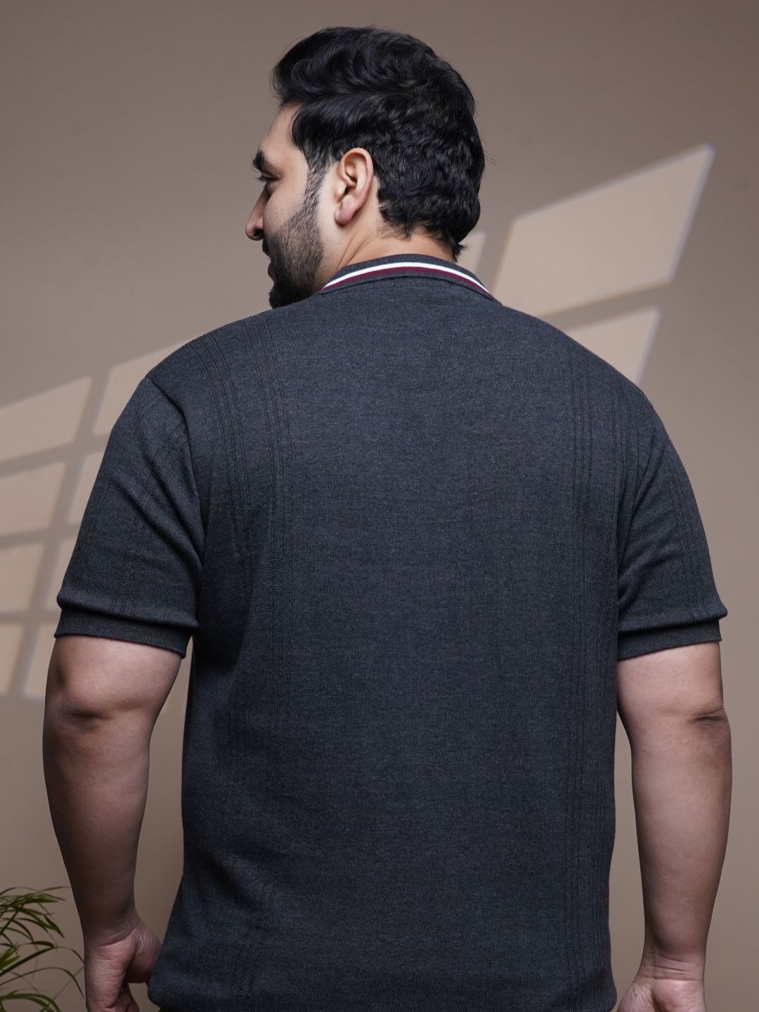 Flat Knit Half sleeve Polo Ribbed T Shirt - 127-Charcoal