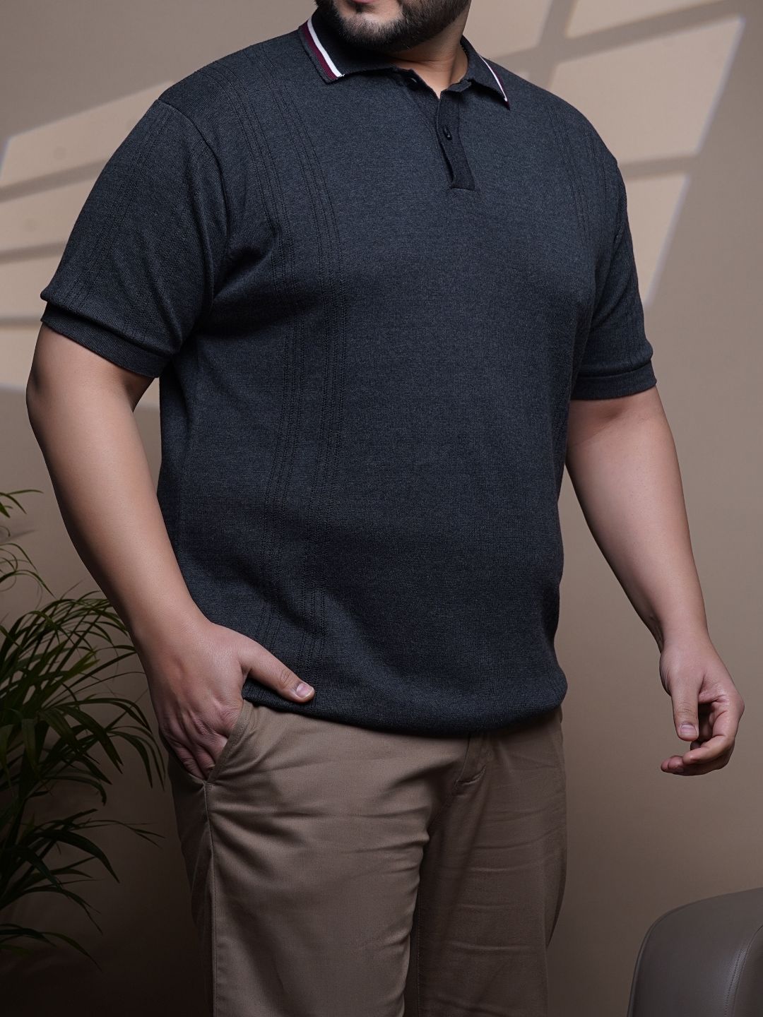 Flat Knit Half sleeve Polo Ribbed T Shirt - 127-Charcoal