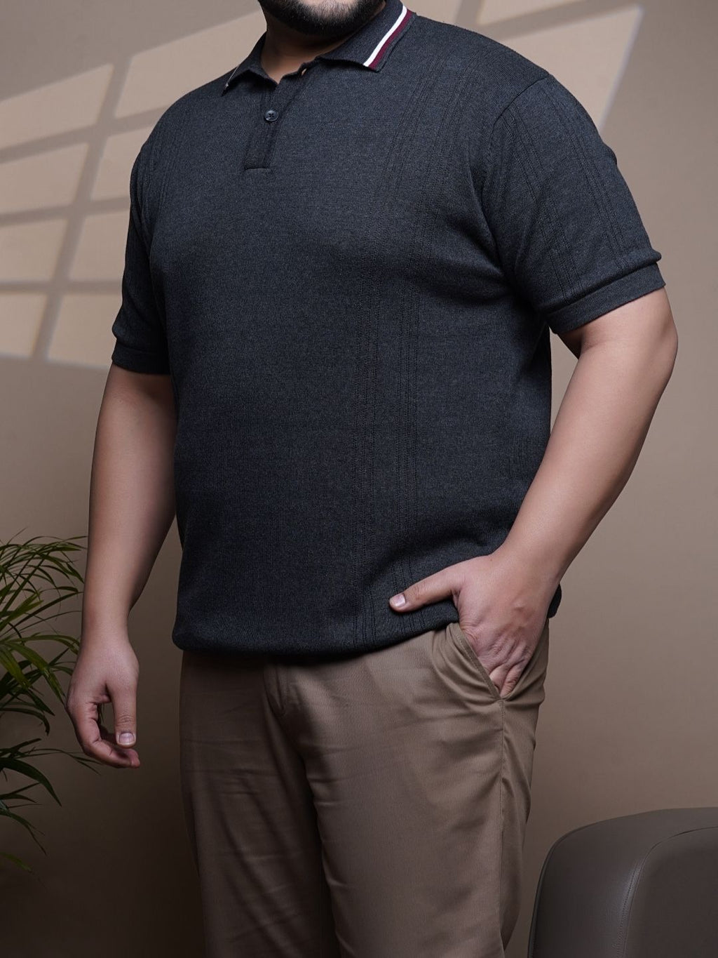 Flat Knit Half sleeve Polo Ribbed T Shirt - 127-Charcoal