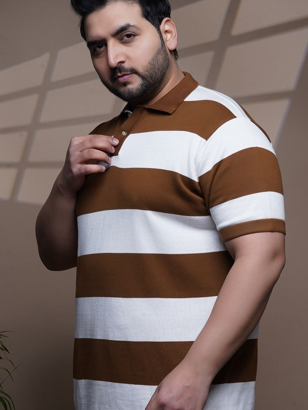 Flat Knit Half sleeve Polo Ribbed T Shirt - 128-Brown