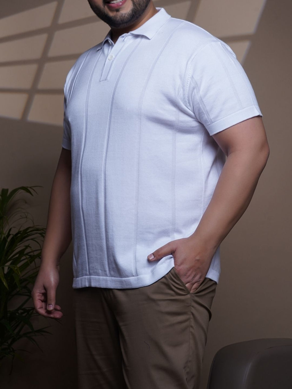 Flat Knit Half sleeve Polo Ribbed T Shirt - 127-White