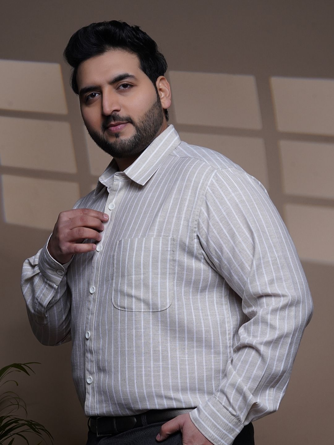 Stripe Cotton Shirt 1 Pocket Regular Fit Smart Casual Shirt - Plus-1261-Beige