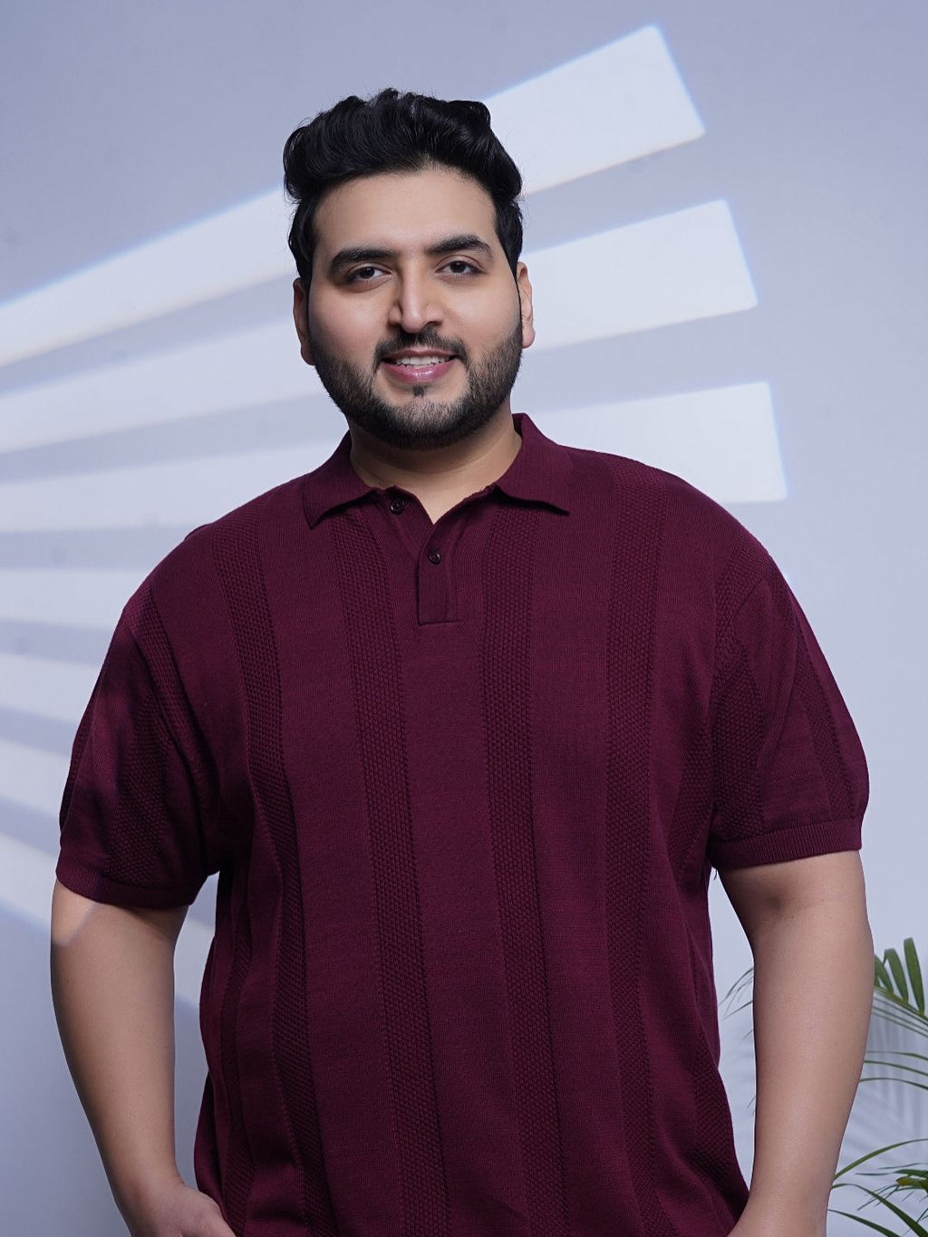 Flat Knit Half sleeve Polo Ribbed T Shirt - NC-Plus-125-Wine