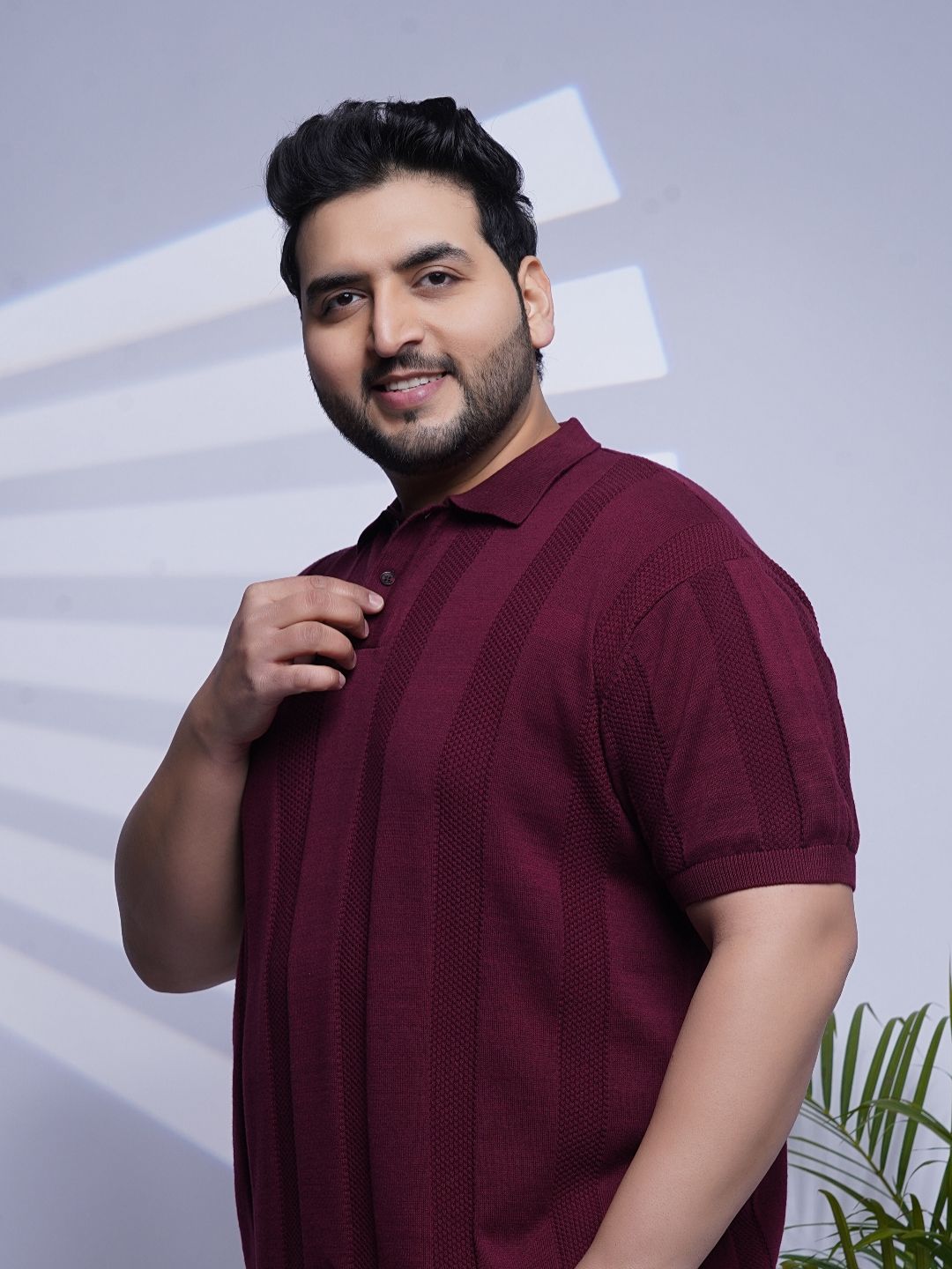 Flat Knit Half sleeve Polo Ribbed T Shirt - NC-Plus-125-Wine