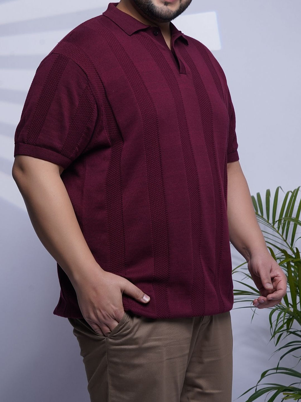 Flat Knit Half sleeve Polo Ribbed T Shirt - NC-Plus-125-Wine