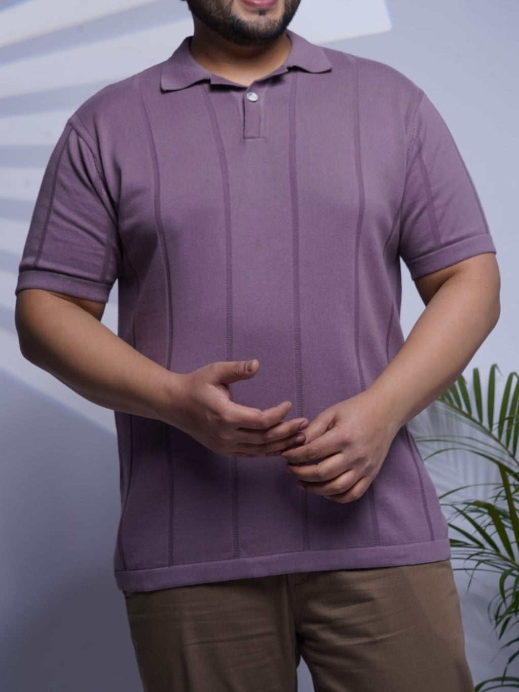 Flat Knit Half sleeve Polo Ribbed T Shirt - 125-Purple